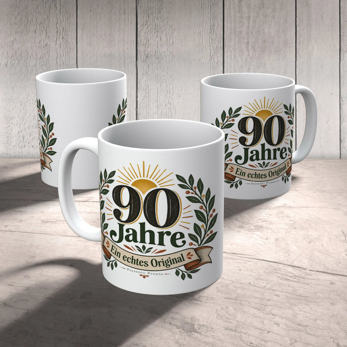 Festliche Tasse zum 90. Geburtstag mit Lorbeerzweig