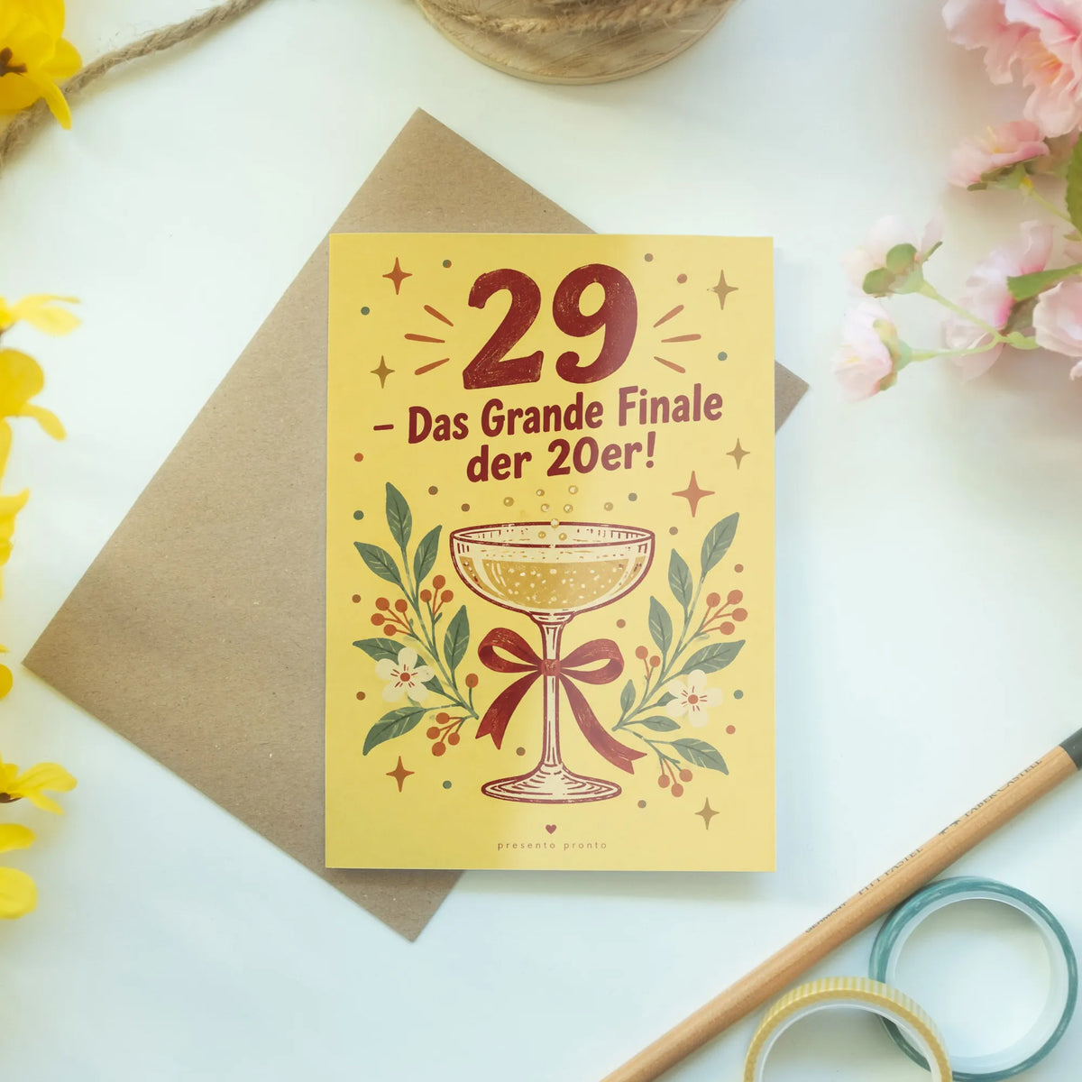 Lustige Geburtstagskarte zum 29. Geburtstag mit Sektglas