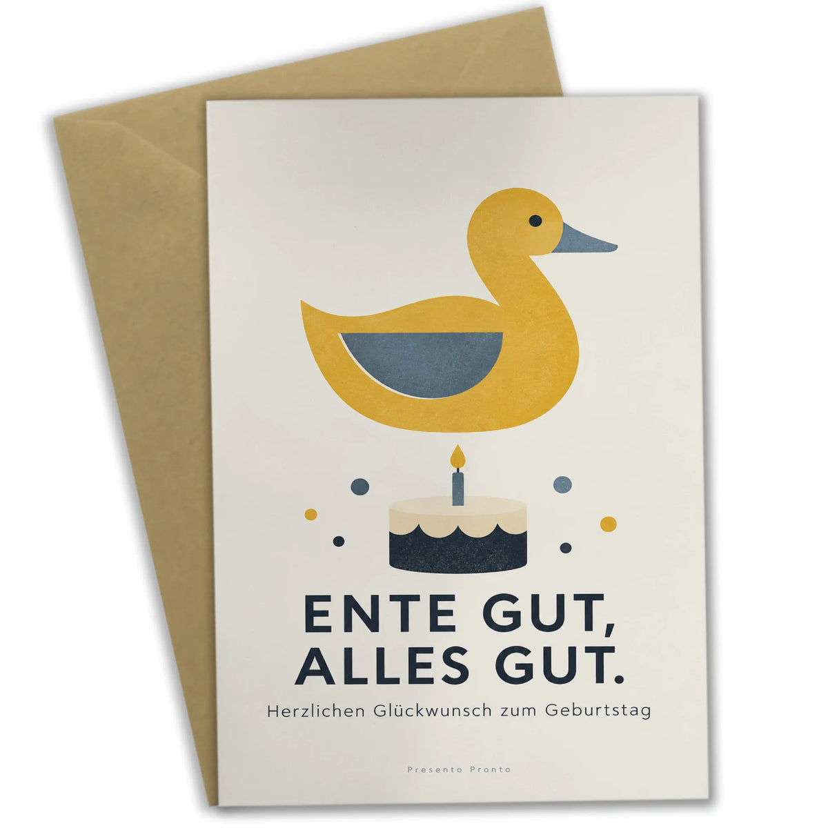 Lustige Geburtstagskarte mit Ente und Geburtstagskuchen
