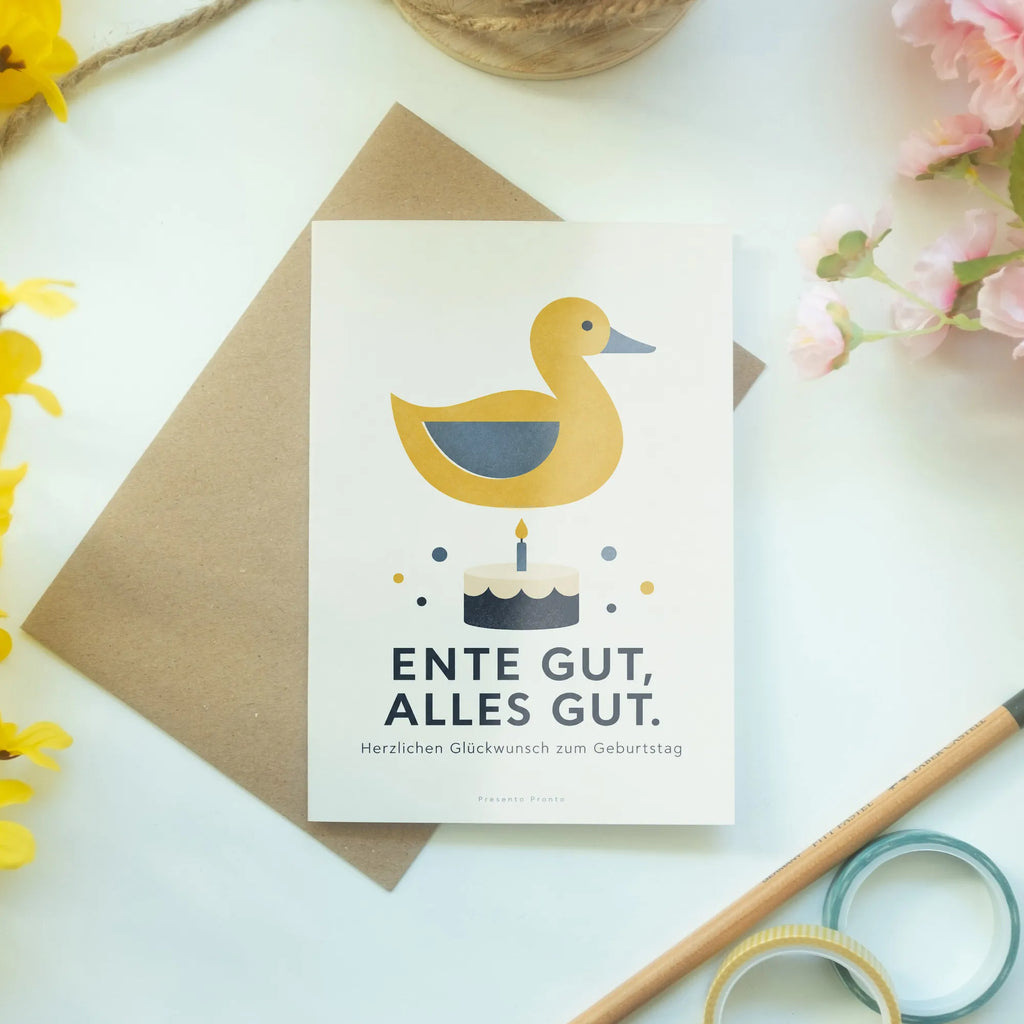 Lustige Geburtstagskarte mit Ente und Geburtstagskuchen|p:2020481|h:de1823b68a5f596d6f07c4e3c786960c
