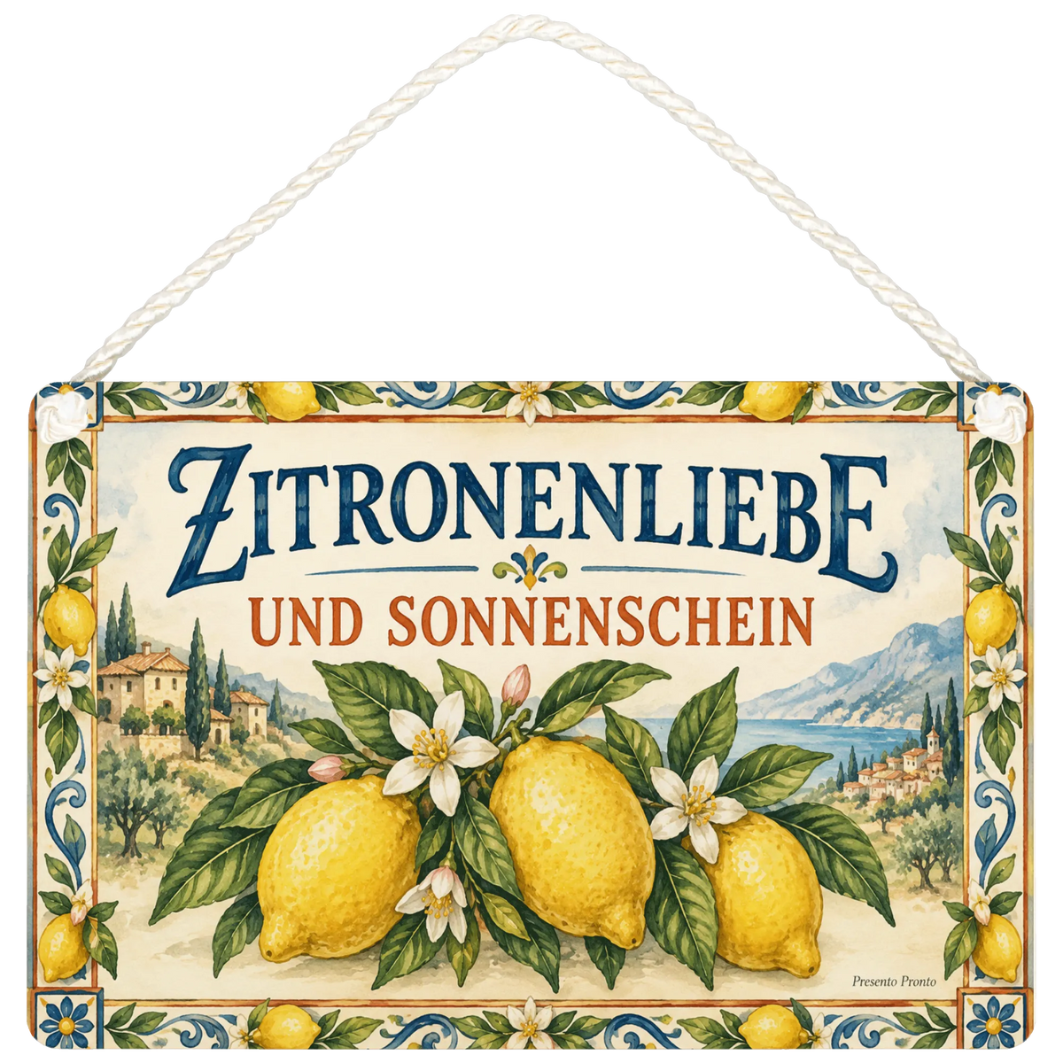 Sonniges Deko-Schild Zitrone für die Küche mit Blüten