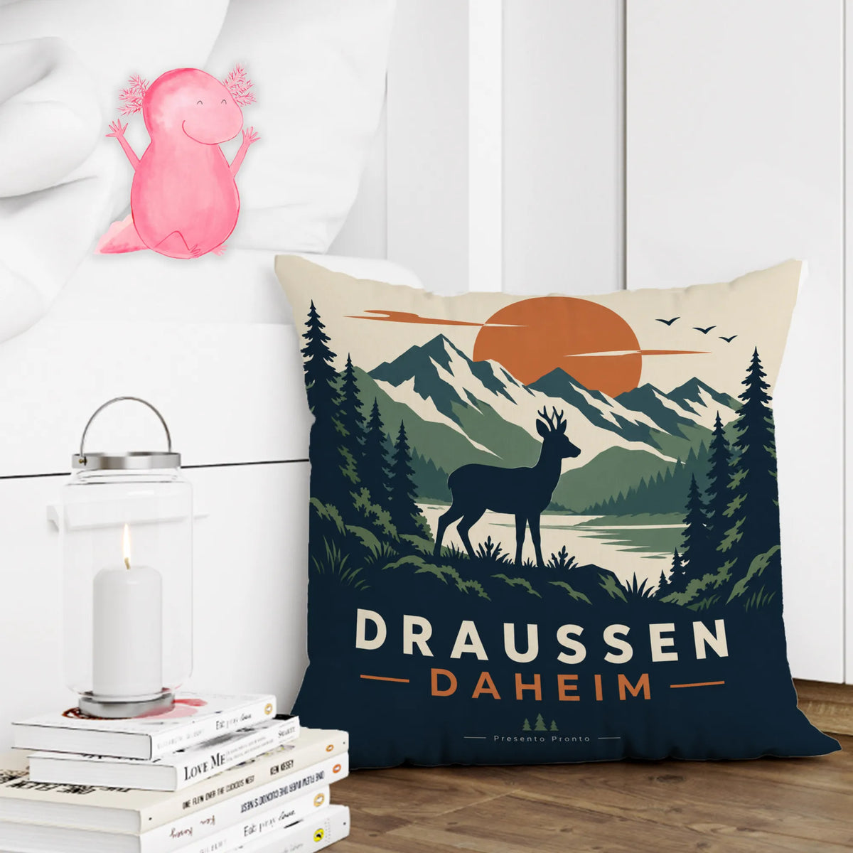Gemütliches Kissen für Jäger mit Reh zwischen Tannen
