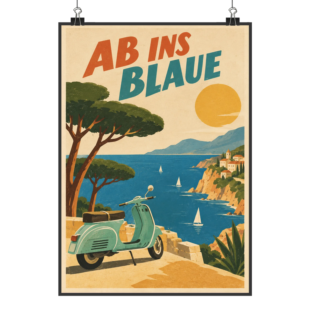 Nostalgisches 50er Plakat für Italienfans türkisfarbener Roller