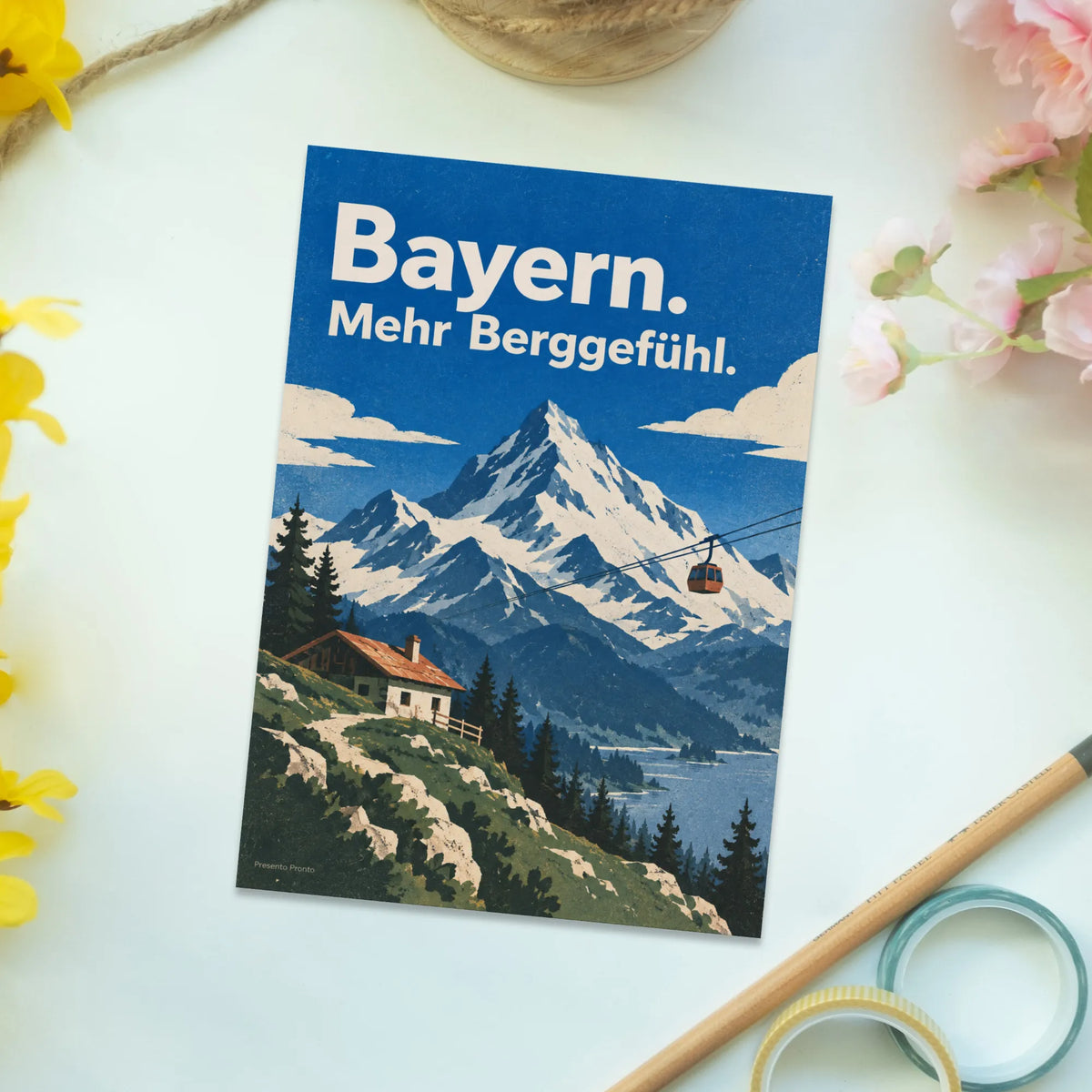 Stimmungsvolle Postkarte aus Bayern für Bergfans mit Seilbahn