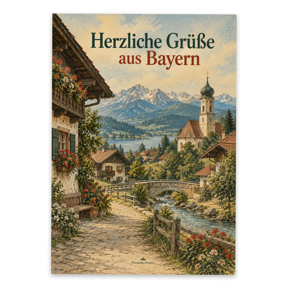 Herzliche Postkarte aus Bayern mit Dorf und Alpen