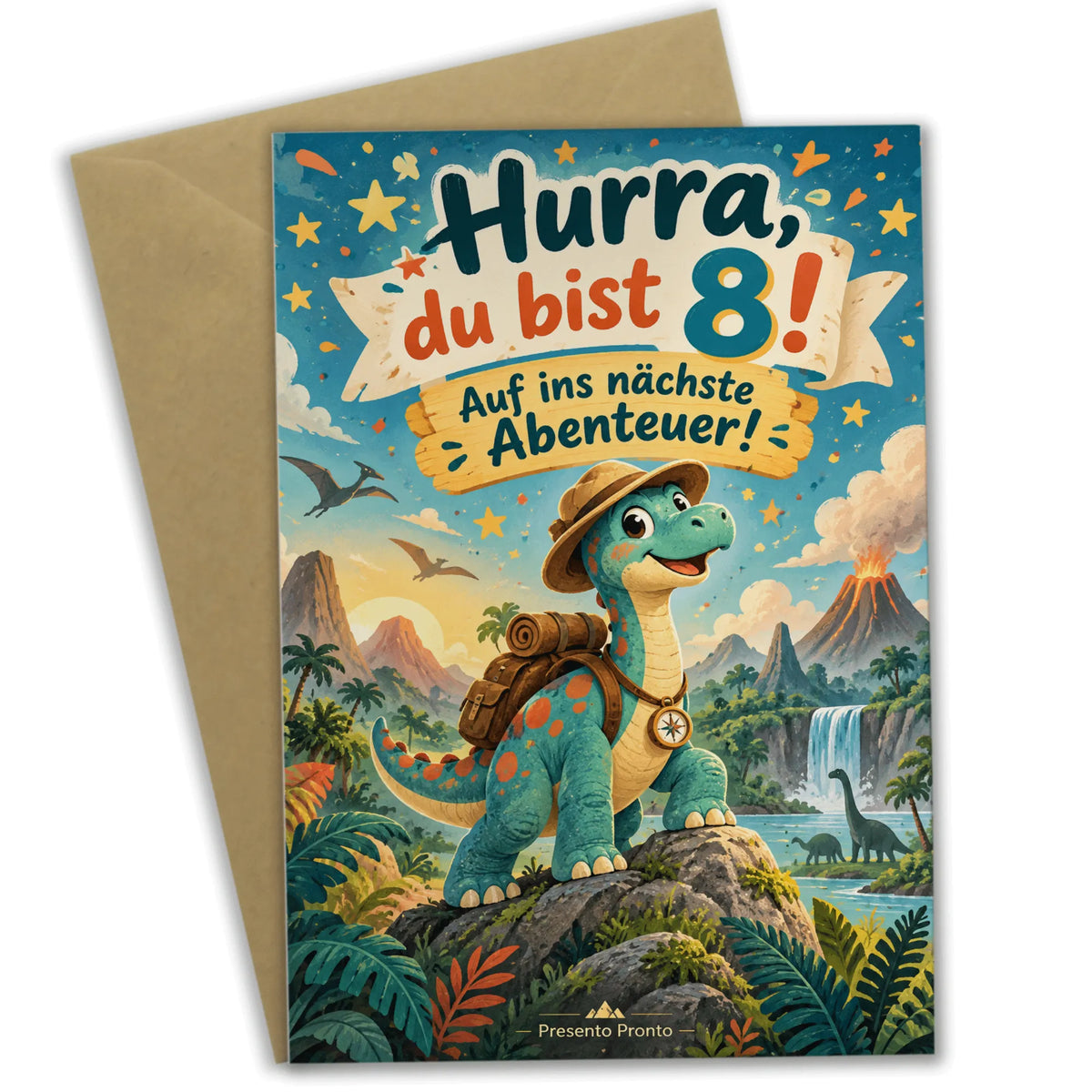 Abenteuerliche Geburtstagskarte zum 8. Geburtstag mit Dinosaurier