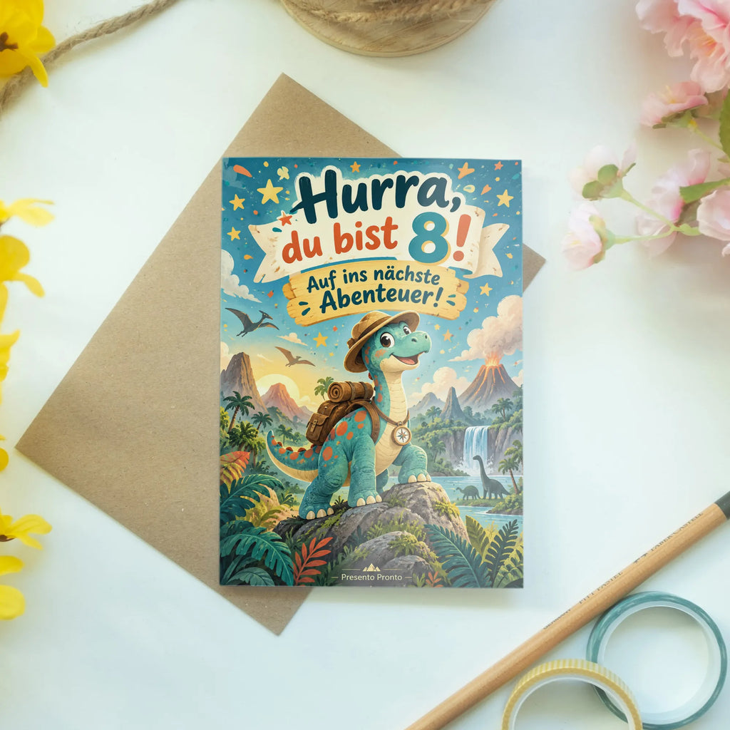 Abenteuerliche Geburtstagskarte zum 8. Geburtstag mit Dinosaurier|p:2020696|h:51942f7e9b30dc3a255c3de321fc968f