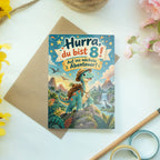 Abenteuerliche Geburtstagskarte zum 8. Geburtstag mit Dinosaurier|p:2020696|h:51942f7e9b30dc3a255c3de321fc968f