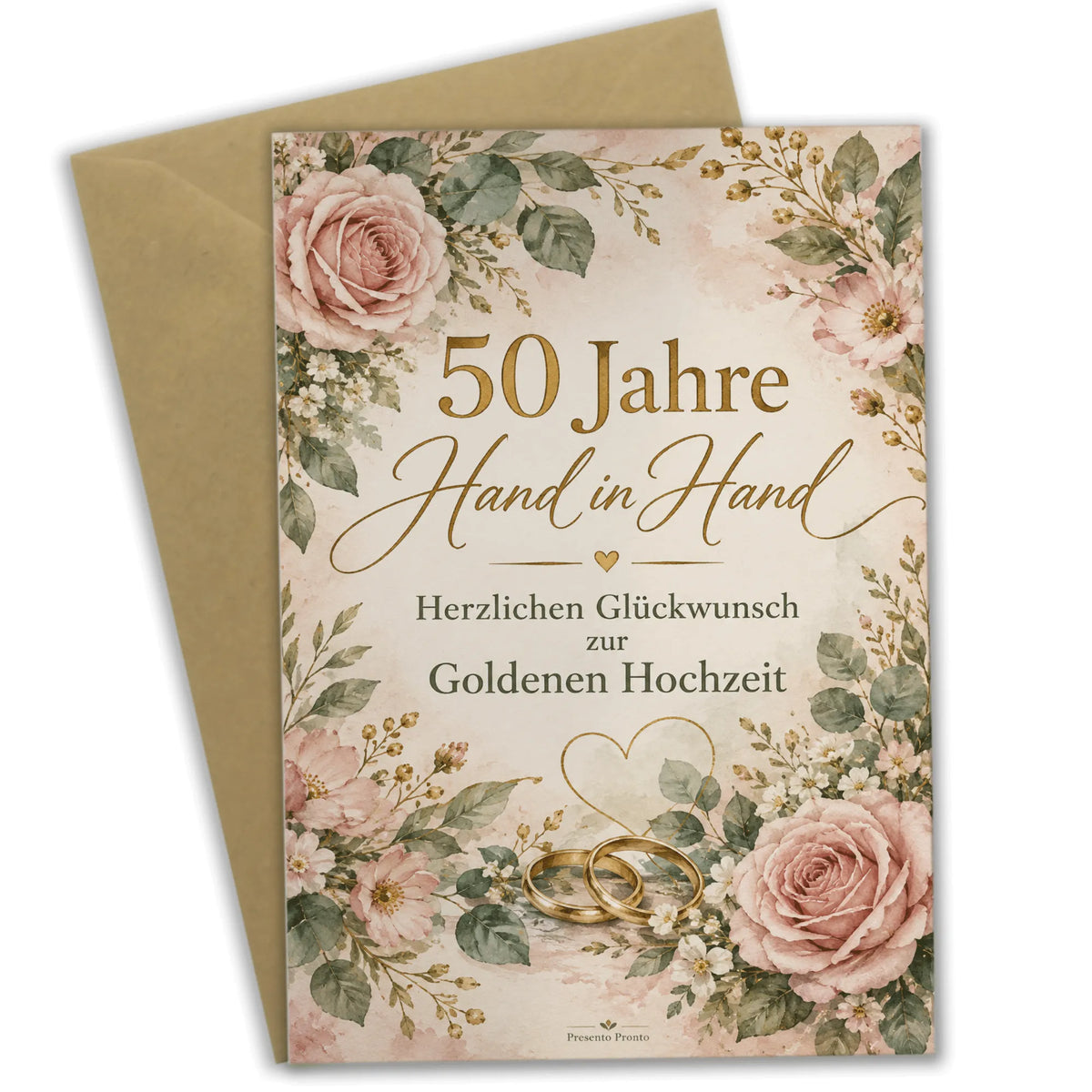 Romantische Grußkarte zur Goldenen Hochzeit mit goldenen Ringen