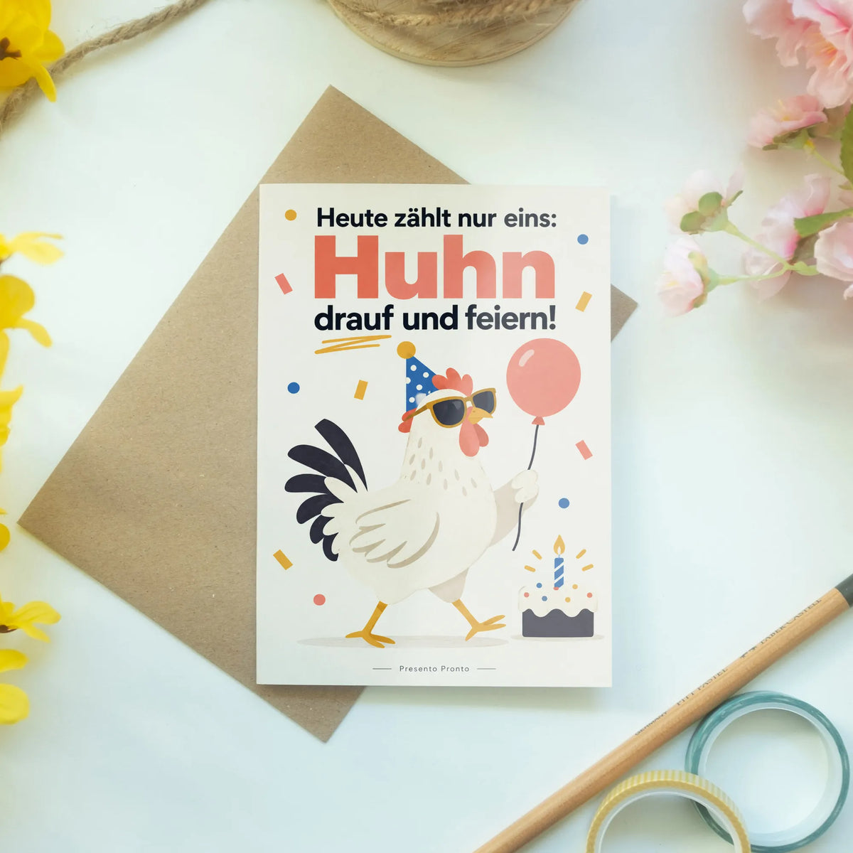 Lustige Geburtstagskarte mit Huhn und Partybrille