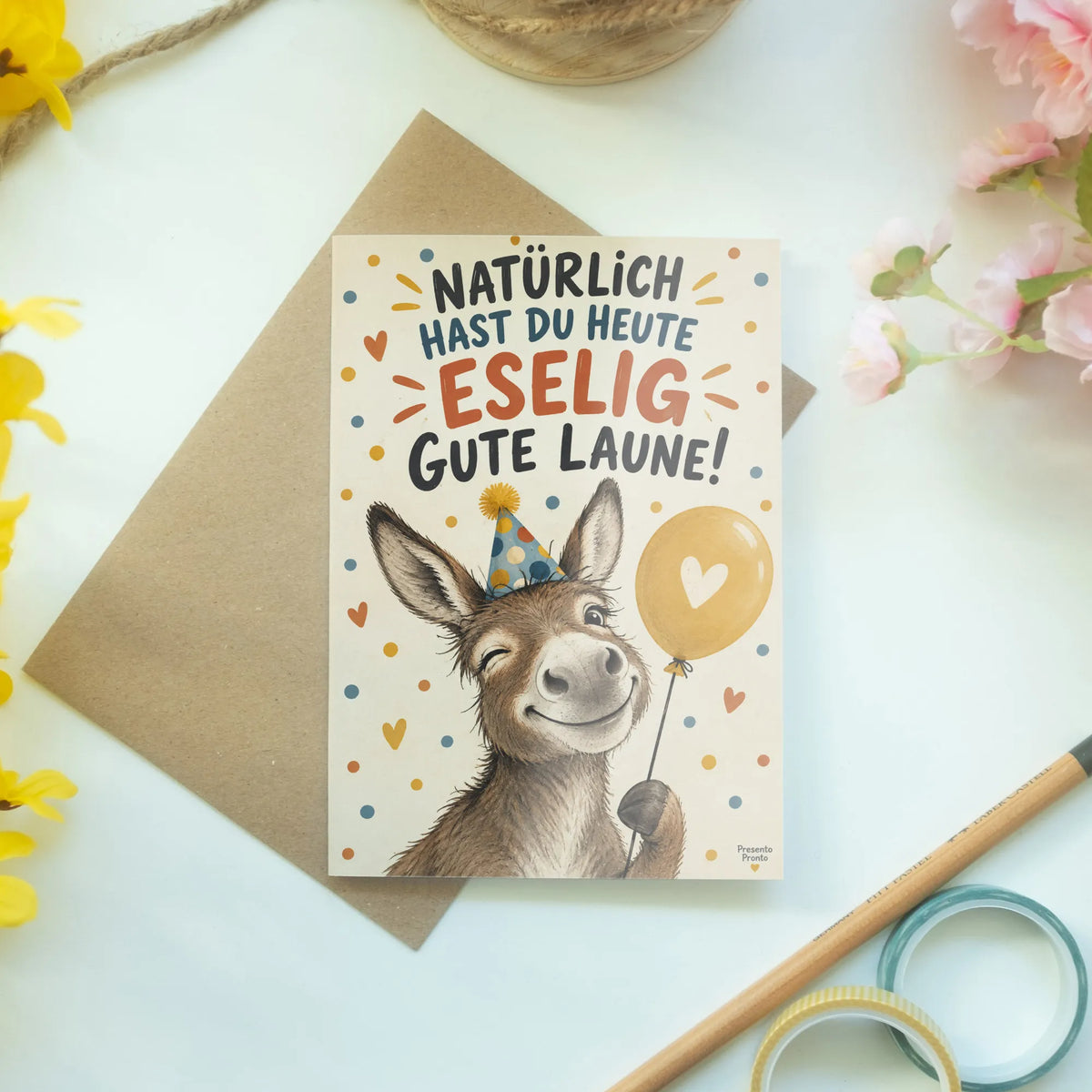 Lustige Geburtstagskarte mit Esel und Ballon