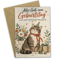 Herzliche Grußkarte mit Katze zwischen Blumen zum Geburtstag