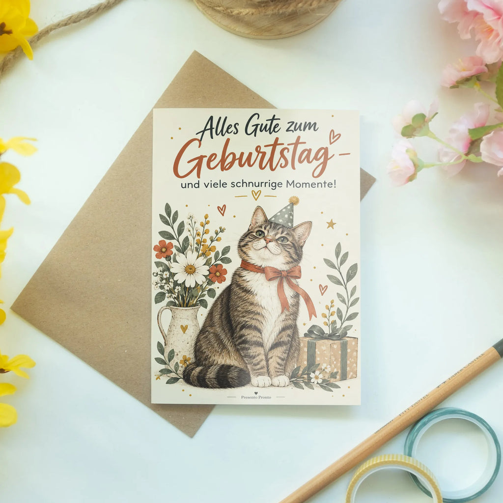 Herzliche Grußkarte mit Katze zwischen Blumen zum Geburtstag|p:2020759|h:2a40258b32ae06dea95956ea981a9635