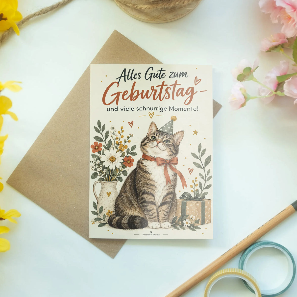 Herzliche Grußkarte mit Katze zwischen Blumen zum Geburtstag