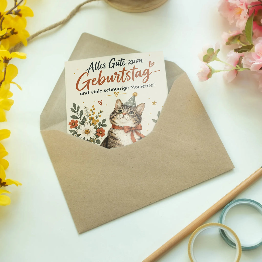 Herzliche Grußkarte mit Katze zwischen Blumen zum Geburtstag|p:2020759|h:01d994ffad79bc979b16f8683825fa7c