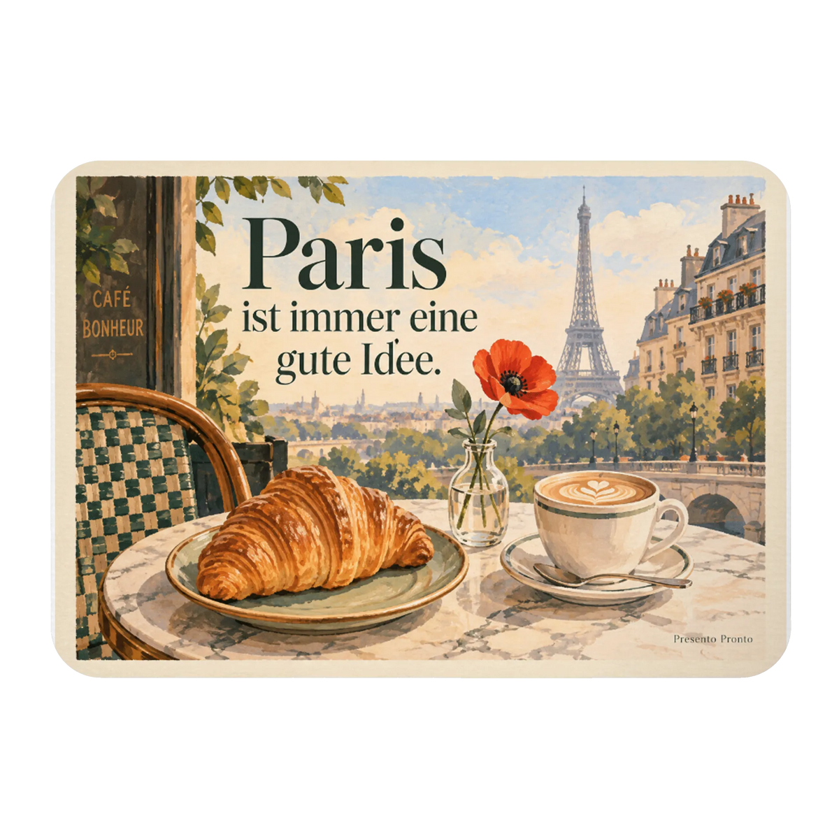 Gemütlicher Kühlschrankmagnet Paris mit Croissant und Eiffelturm