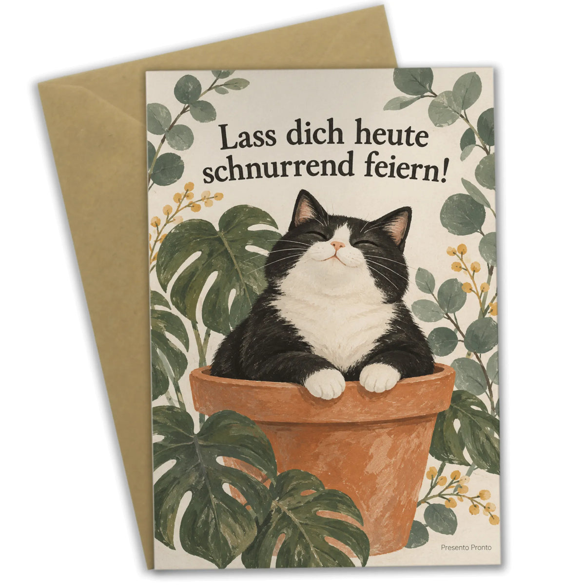 Süße Grußkarte mit Katze im Blumentopf zum Feiern