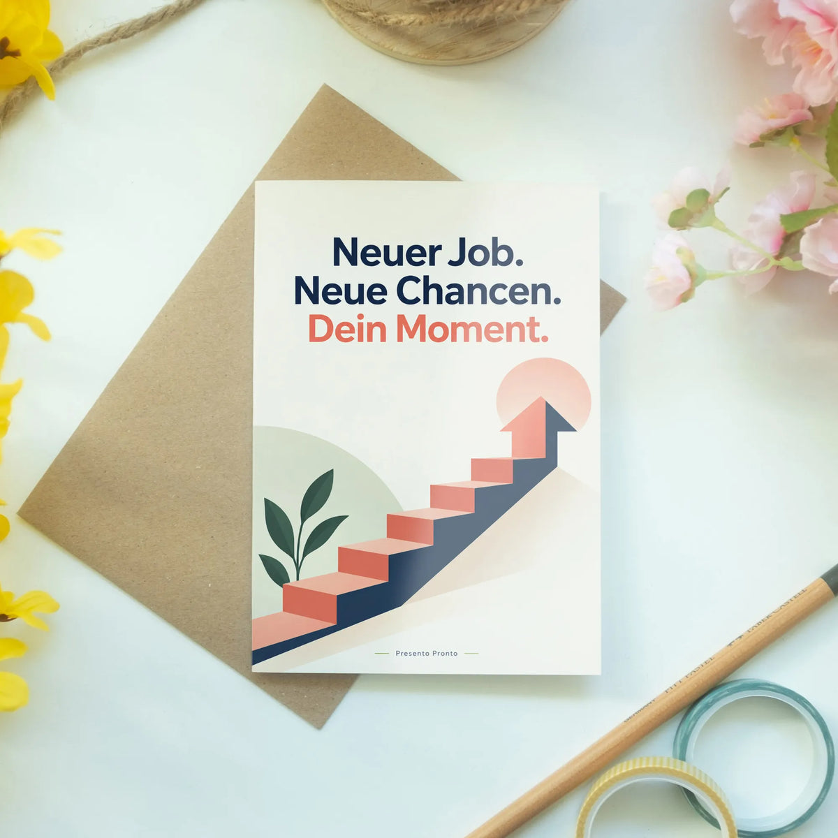 Motivierende Grußkarte zum neuen Job mit aufsteigendem Pfeil