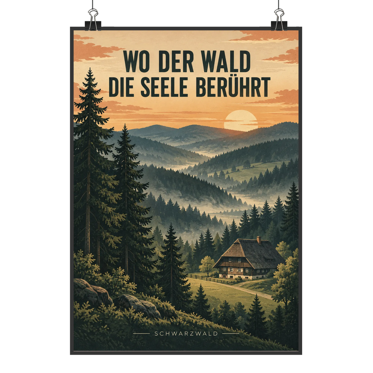 Nostalgischer Kunstdruck Schwarzwald mit Bauernhaus im Morgenlicht