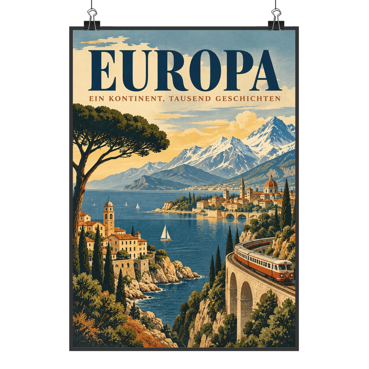 Nostalgisches Europa Plakat für Weltenbummler mit Eisenbahn