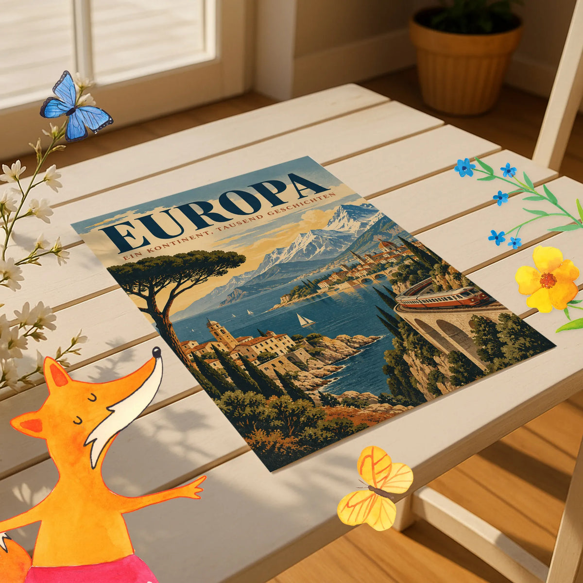Nostalgisches Europa Plakat für Weltenbummler mit Eisenbahn