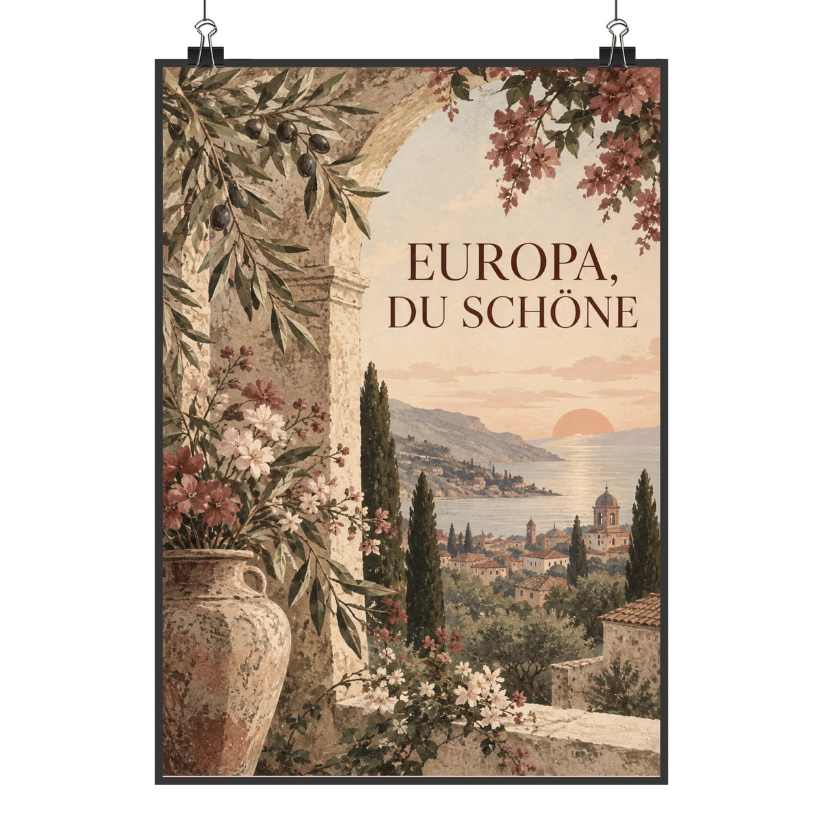 Poetisches Europa Plakat mit Torbogen und Olivenzweigen