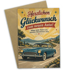 Fröhliche Glückwunschkarte zum neuen Auto mit Vintage-Auto|p:2020890|h:ff17a9d5f179e2e1191a5833b9285e4a