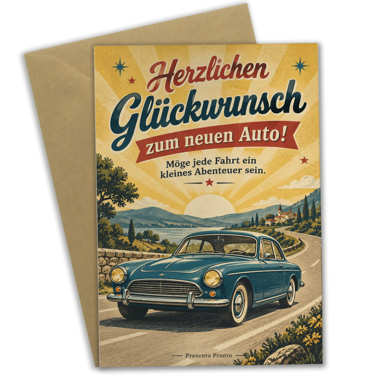 Fröhliche Glückwunschkarte zum neuen Auto mit Vintage-Auto