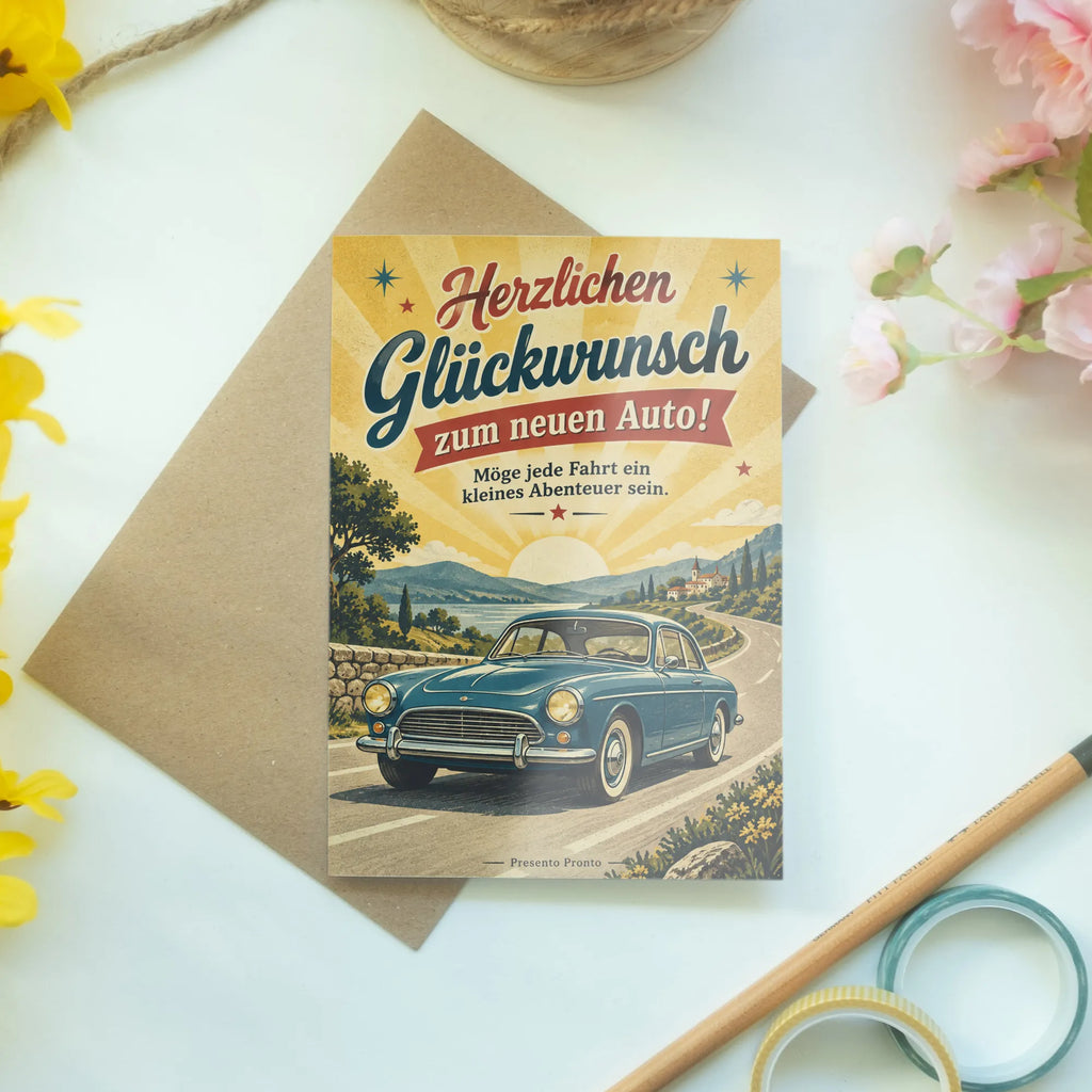 Fröhliche Glückwunschkarte zum neuen Auto mit Vintage-Auto|p:2020890|h:14b403c4c167c4399e8f3fc75b70f27a