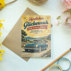 Fröhliche Glückwunschkarte zum neuen Auto mit Vintage-Auto|p:2020890|h:14b403c4c167c4399e8f3fc75b70f27a