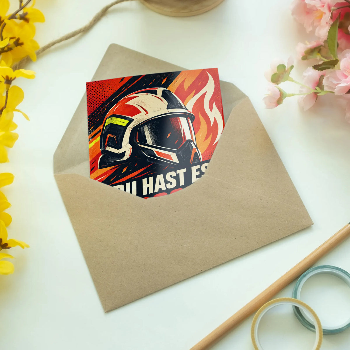 Coole Glückwunschkarte für die Feuerwehr mit Feuerwehrhelm