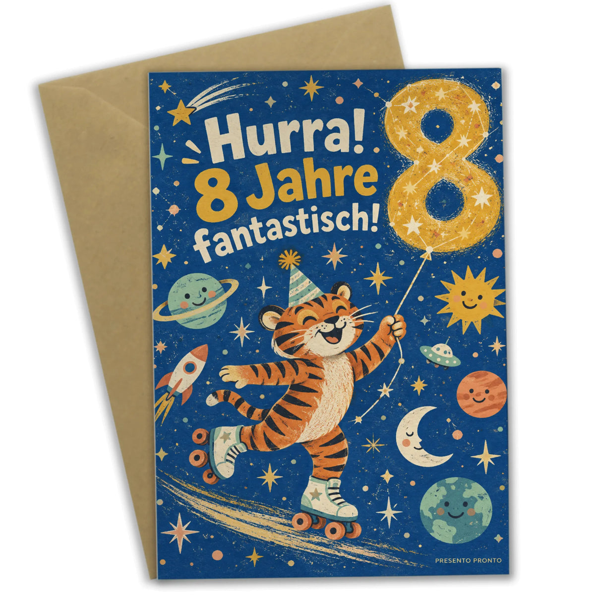 Lustige Geburtstagskarte zum 8. Geburtstag mit Tiger auf Rollschuhen