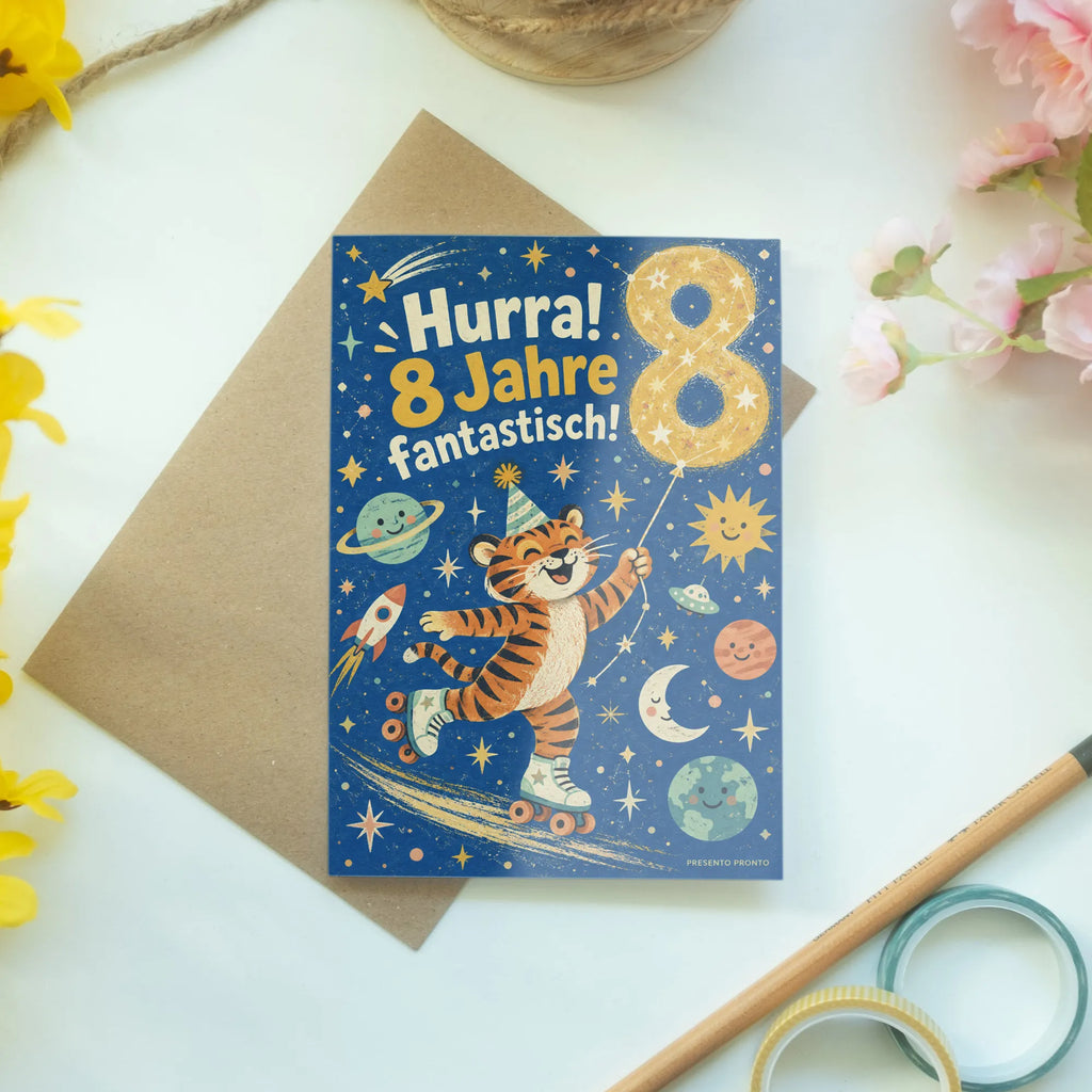 Lustige Geburtstagskarte zum 8. Geburtstag mit Tiger auf Rollschuhen|p:2020895|h:35b36471fd3dc293730d9ca6f73e2eaf