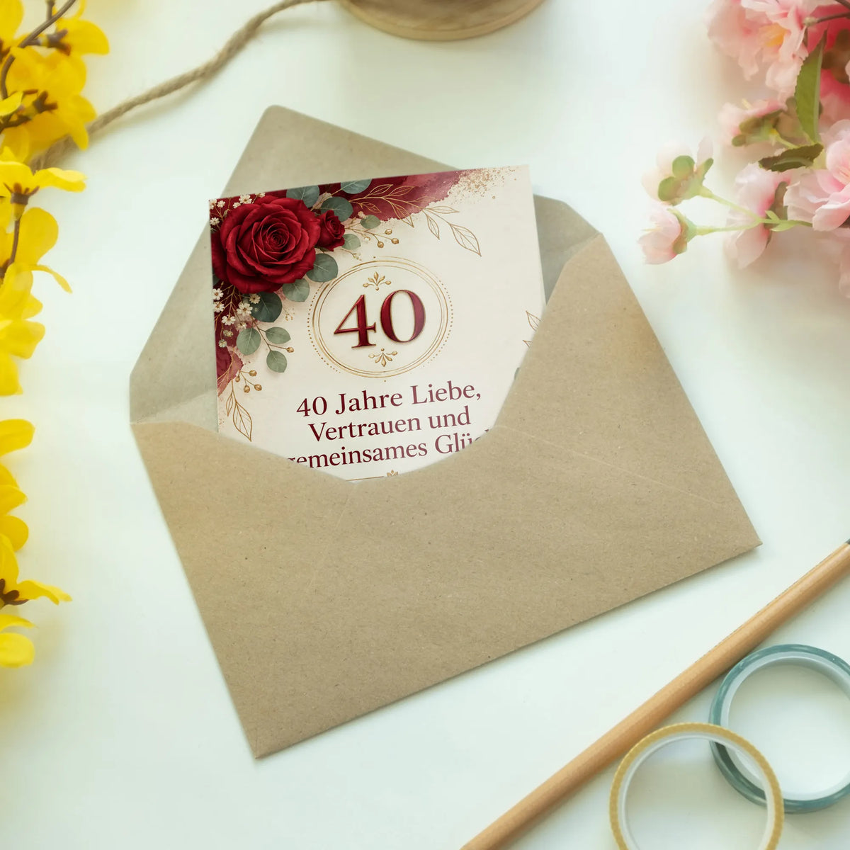 Elegante Glückwunschkarte zur Rubinhochzeit mit roten Rosen