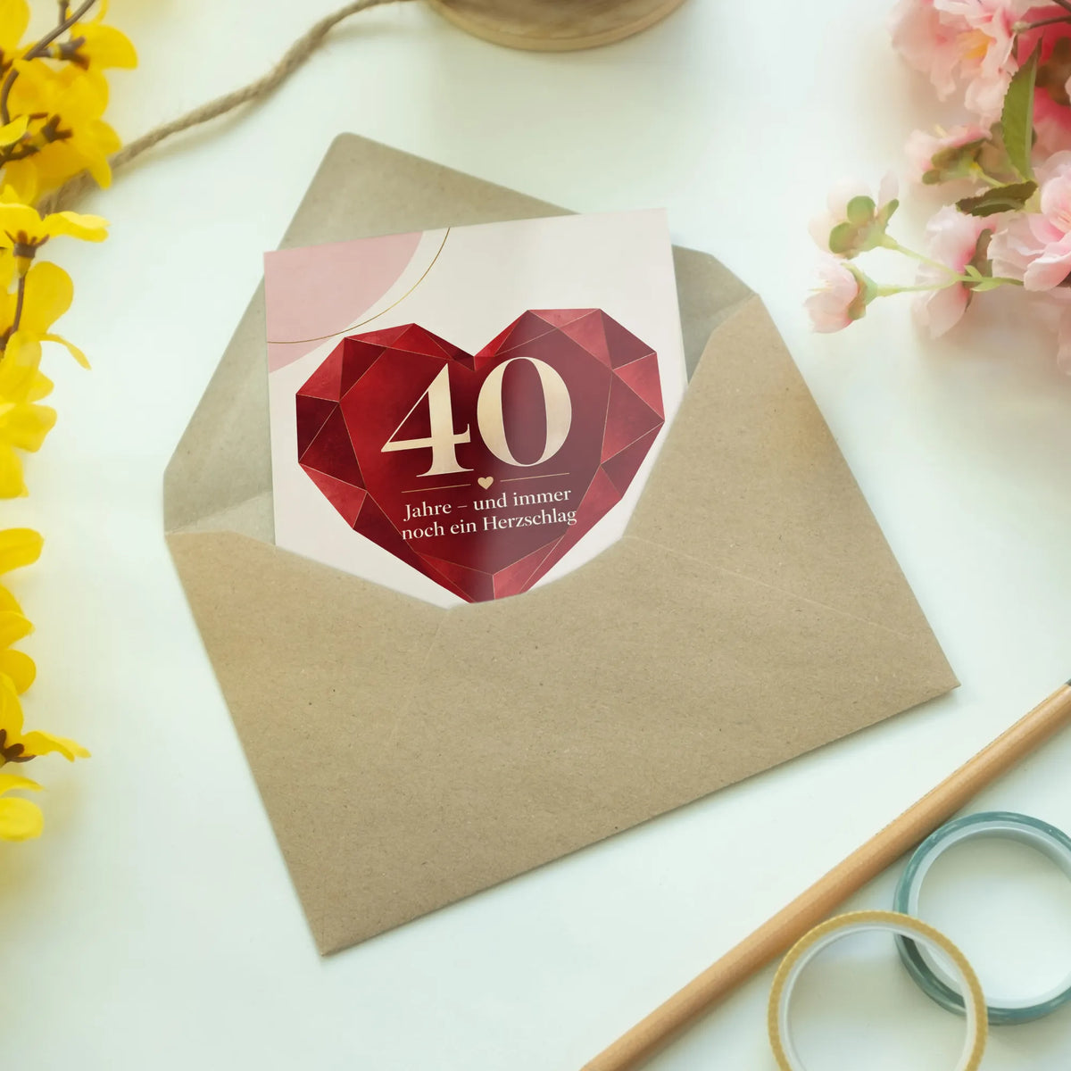 Herzliche Glückwunschkarte zur Rubinhochzeit mit Herz und 40