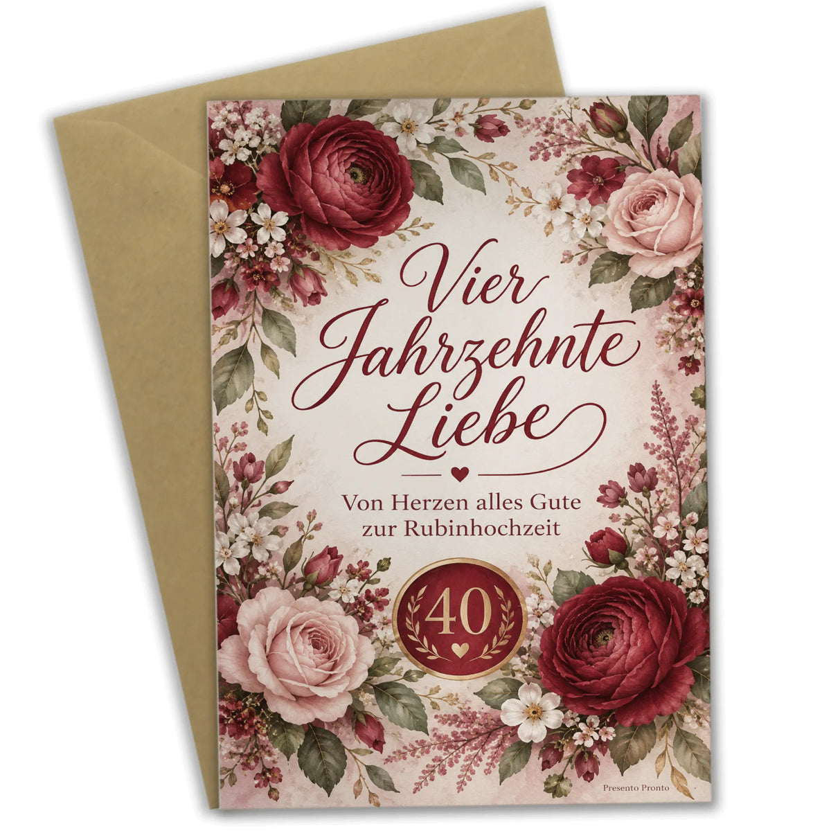 Romantische Glückwunschkarte zur Rubinhochzeit mit Blumenkranz