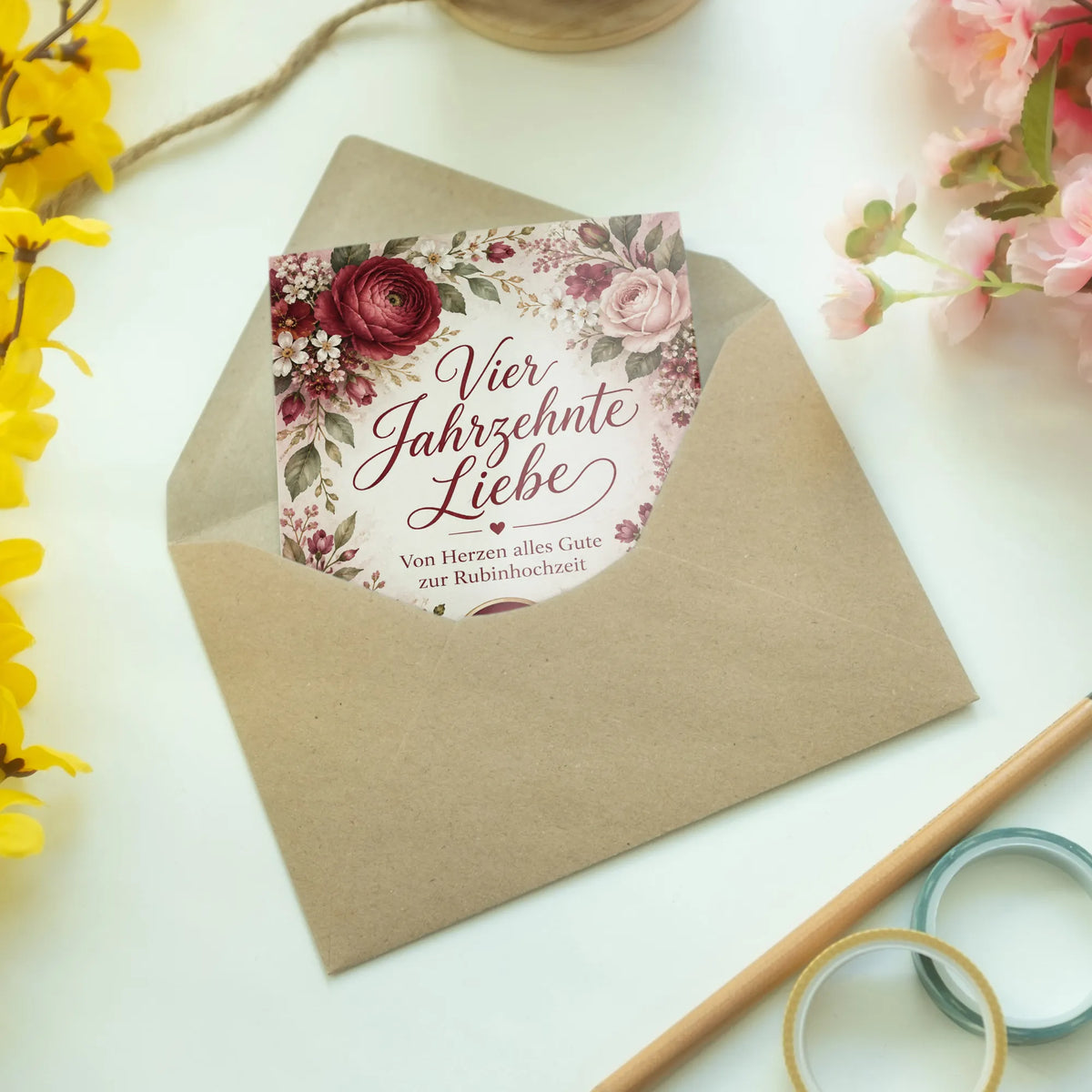 Romantische Glückwunschkarte zur Rubinhochzeit mit Blumenkranz