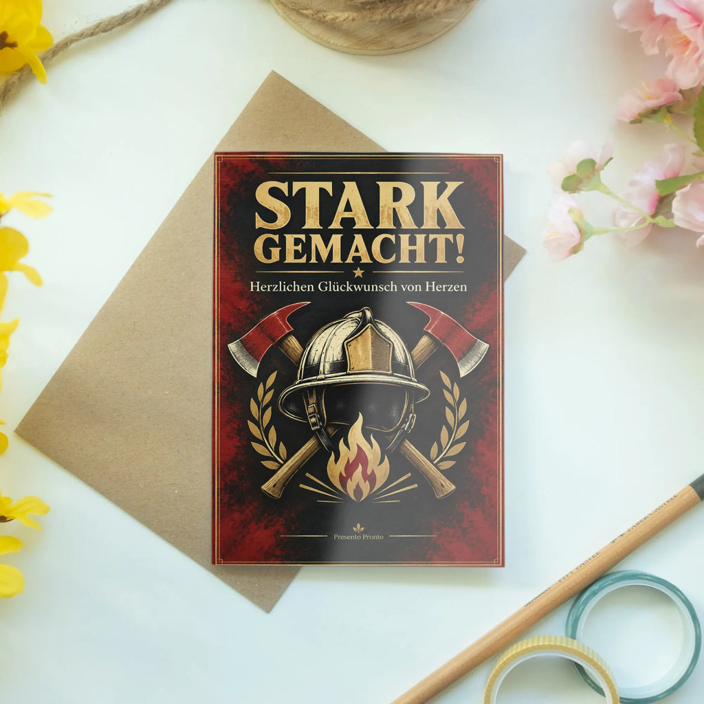 Starke Glückwunschkarte für die Feuerwehr mit Helm und Äxten|p:2020904|h:0d5d11c4ec7b265f0126cf29ef3ae705
