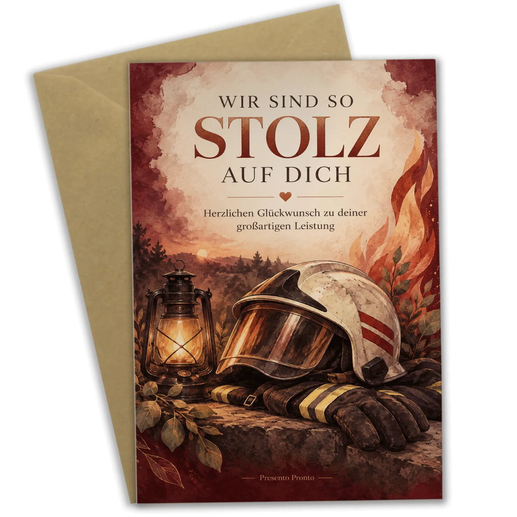 Stolze Glückwunschkarte für Feuerwehrleute mit Helm und Laterne|p:2020905|h:d1812e0671c1ba0f5feedbc87ad33c1a