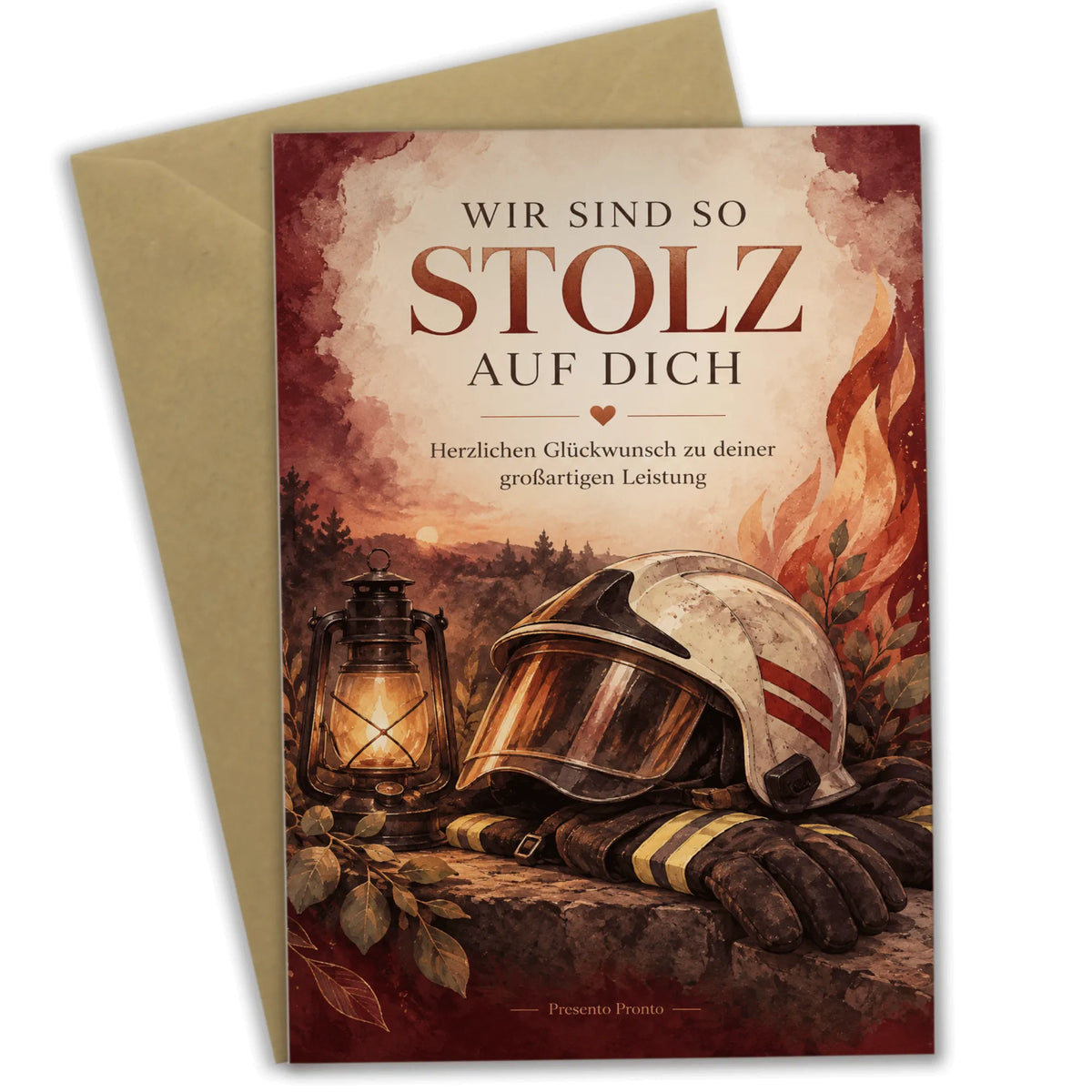 Stolze Glückwunschkarte für Feuerwehrleute mit Helm und Laterne