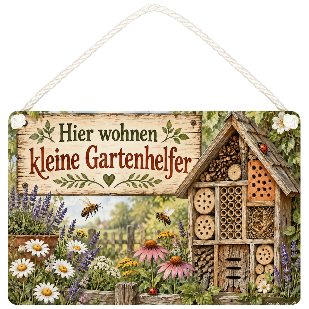 Liebevolles Schild fürs Insektenhotel mit Bienen und Wildblumen