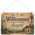 Gemütliches Holzschild für Ferienwohnung mit Häuschen