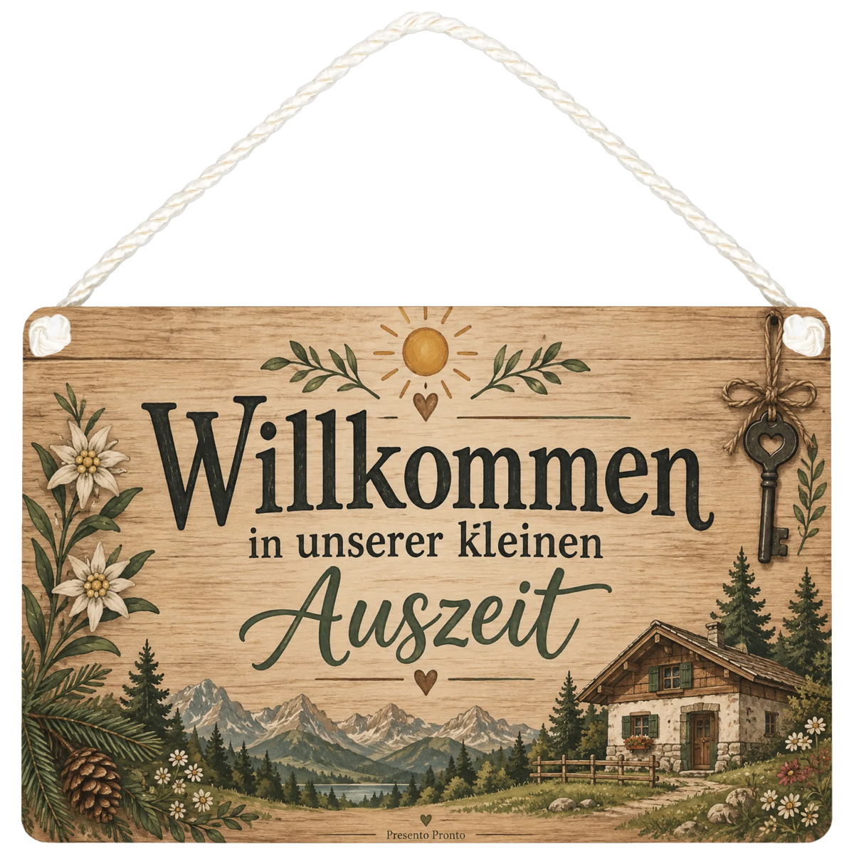 Gemütliches Holzschild für Ferienwohnung mit Häuschen
