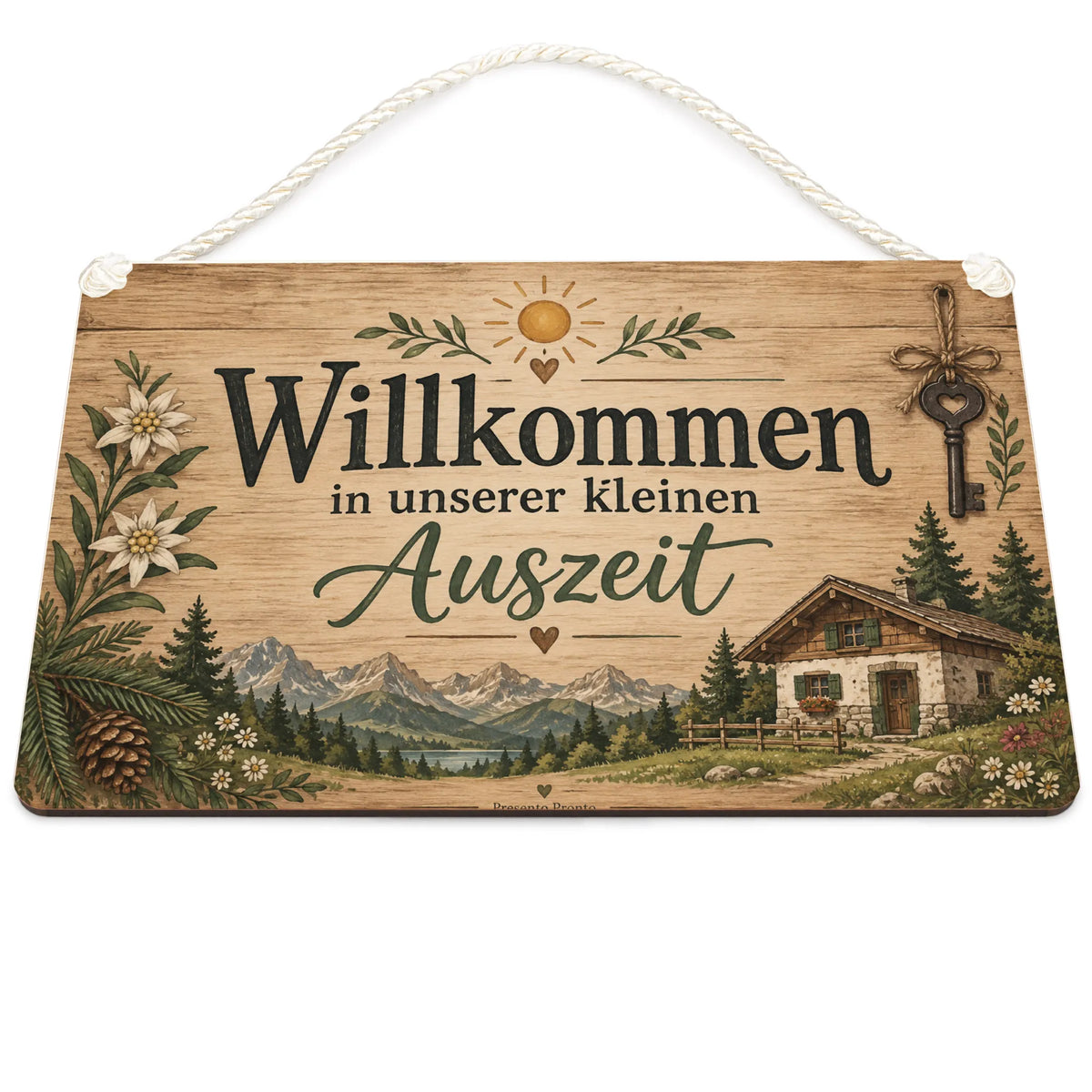 Gemütliches Holzschild für Ferienwohnung mit Häuschen