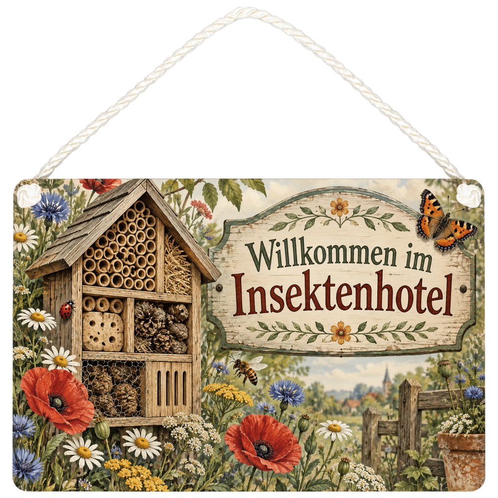 Nostalgisches Schild zum Insektenhotel mit Biene und Kornblumen|p:2020923|h:454a65e640a5aa630fa1340362a1aa1a