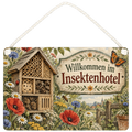 Nostalgisches Schild zum Insektenhotel mit Biene und Kornblumen