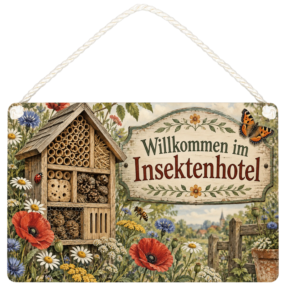 Nostalgisches Schild zum Insektenhotel mit Biene und Kornblumen