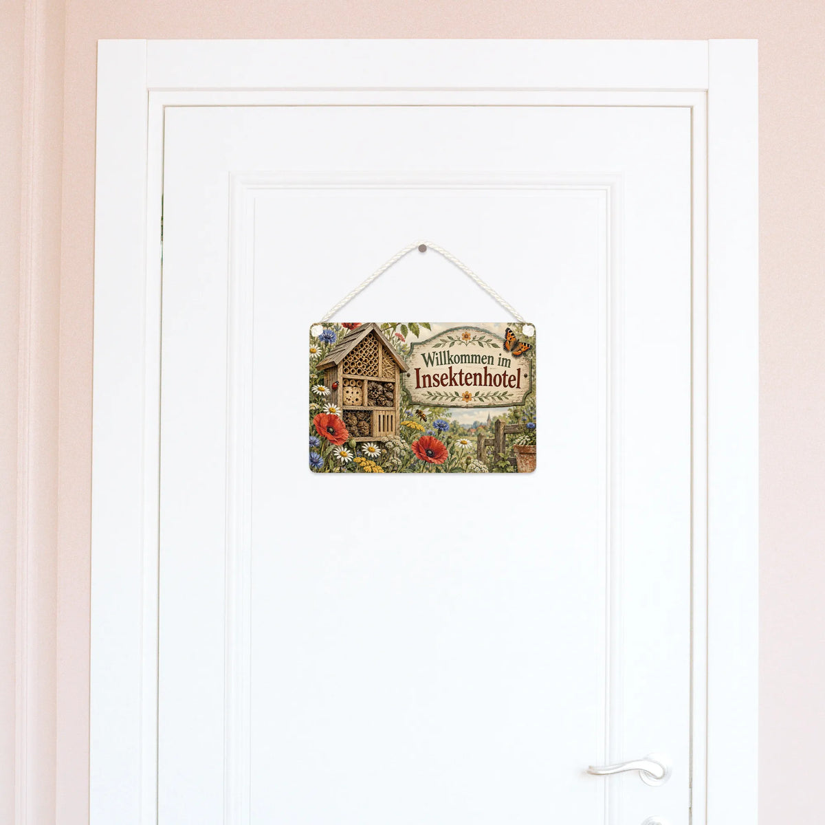 Nostalgisches Schild zum Insektenhotel mit Biene und Kornblumen