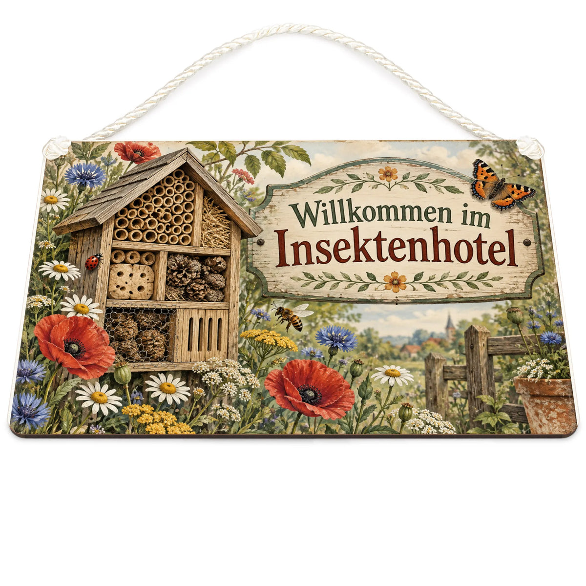 Nostalgisches Schild zum Insektenhotel mit Biene und Kornblumen