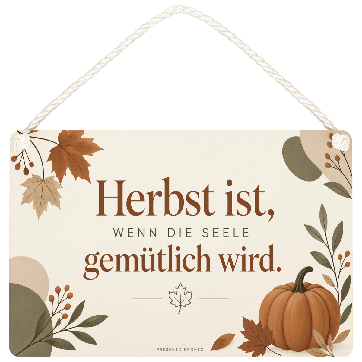 Gemütliches Holzschild für den Herbst mit Kürbis